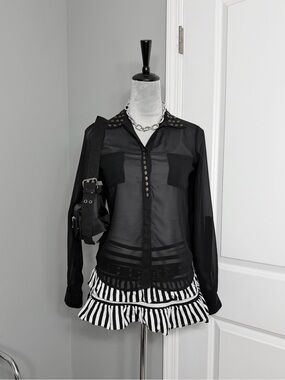 Fun & Flirt Sheer Black Skull Studded Button-Up Blouse